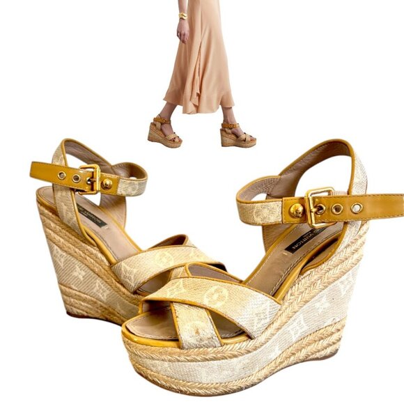 AUTHENTIC VTG. Y2K LOUIS VUITTON‎ LV CANVAS LOGO PLATFORM WEDGE SANDALS 5.5-6/36 - Picture 3 of 8